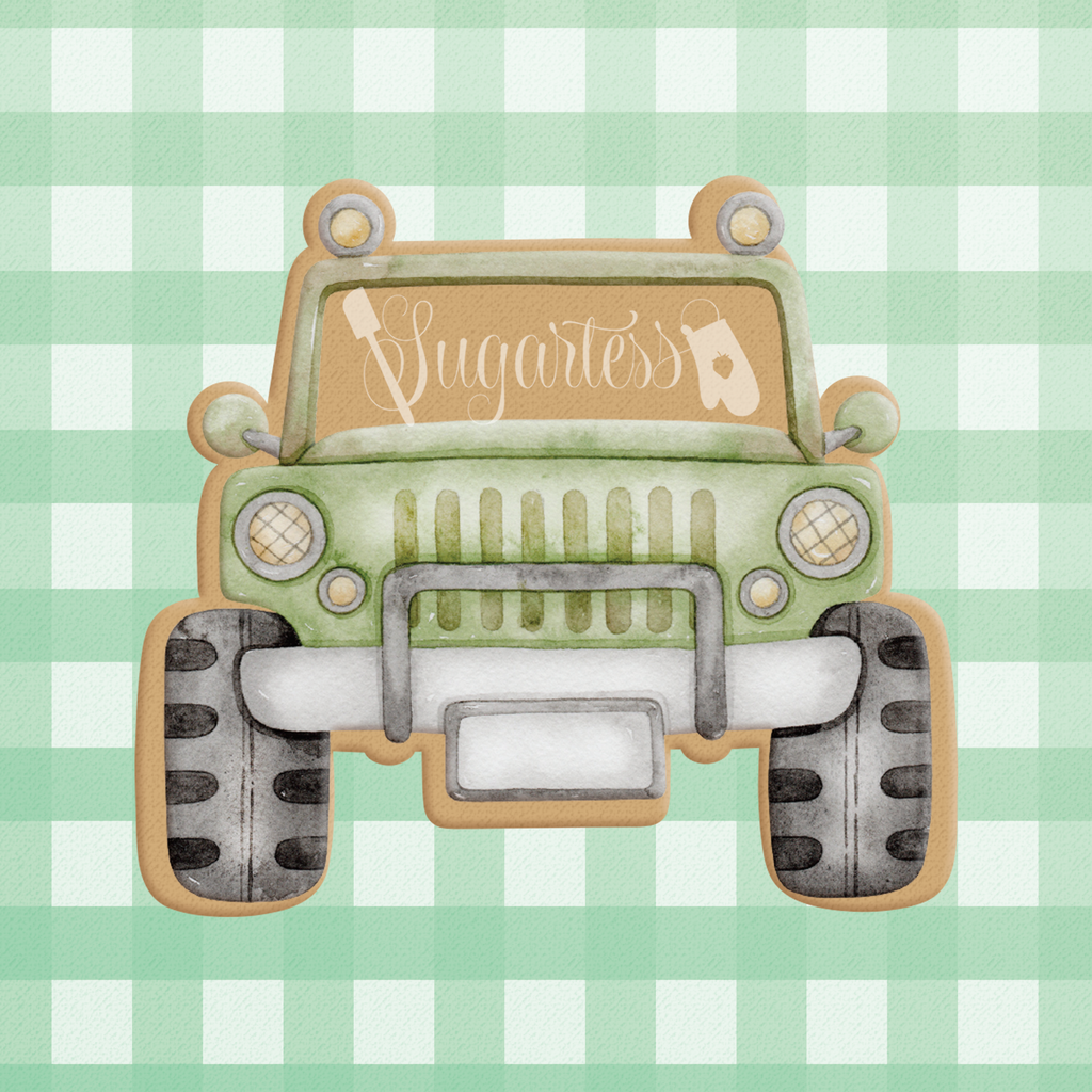 Sugartyess cookie cutter in shape of a green jungle safari jeep truck.
