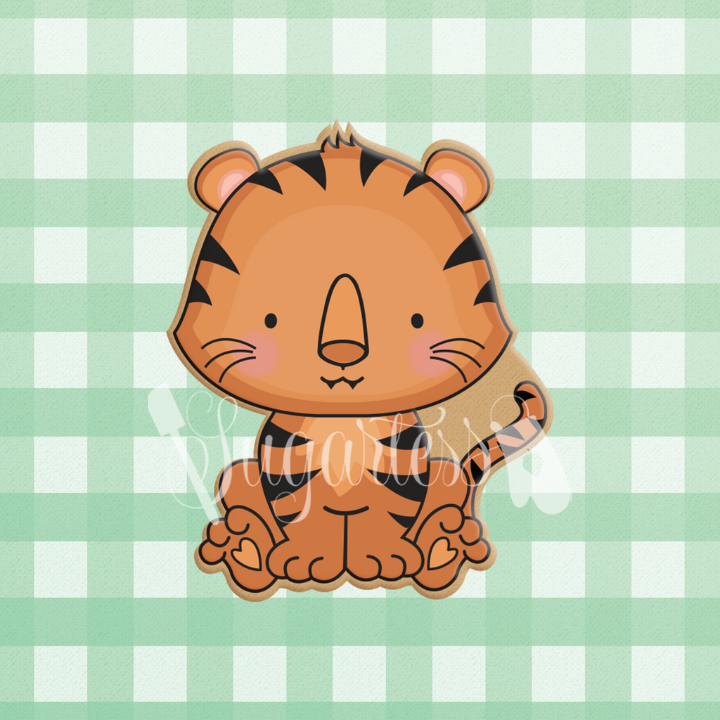 Sugartess custom cookie cutter in shape of a sitting jungle safari  baby tiger.