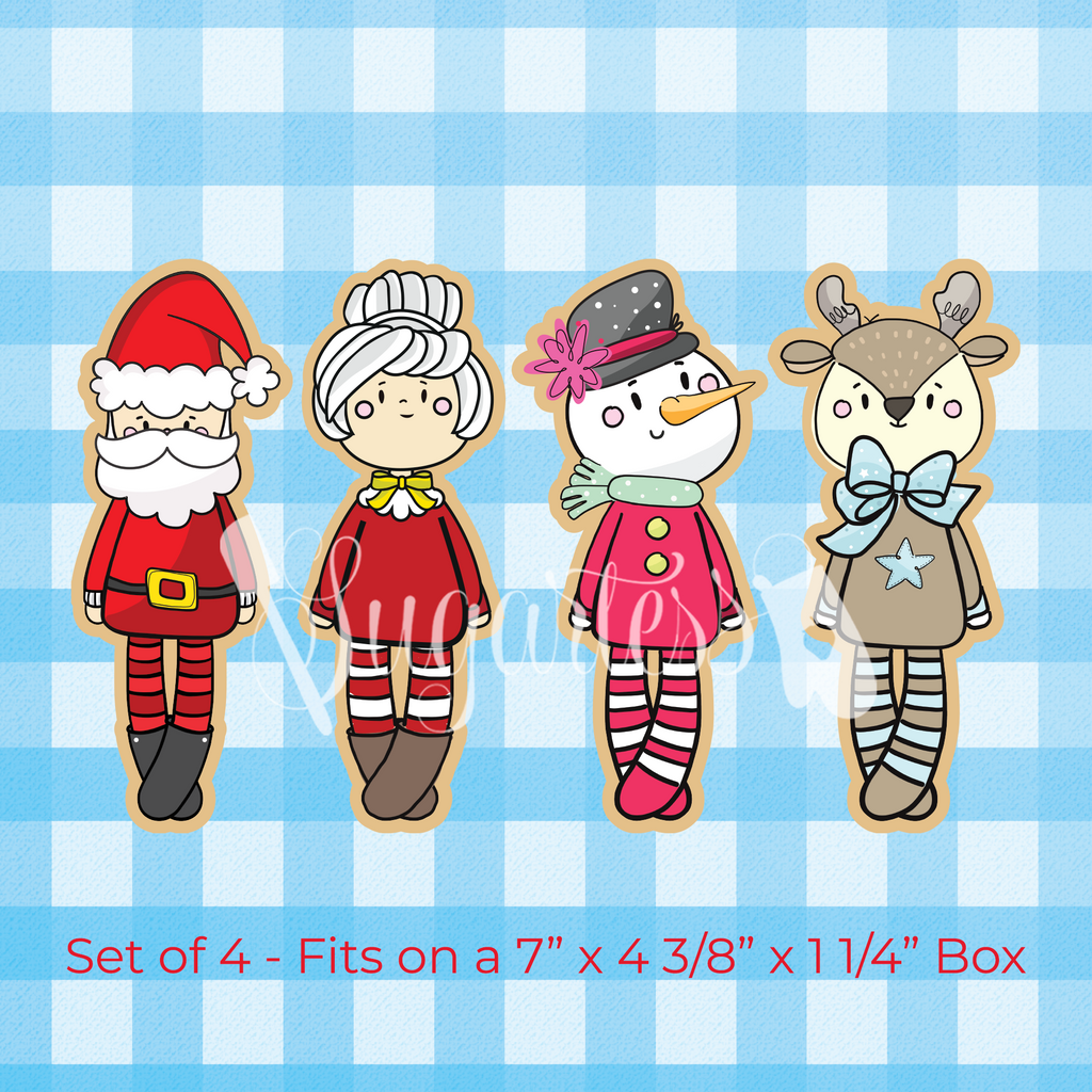 Sugartess custom Christmas cookie cutter set of 4 in shape of tall and thin rag doll designs: Santa Claus, Mrs. Claus, Snowman, and Reindeer.