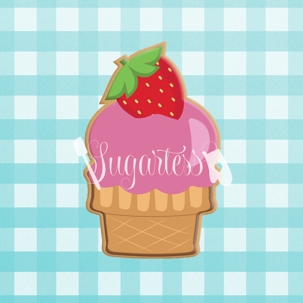 Sugartess custom cookie cutter in shape of short and chubby ice cream cone with strawberry on top.