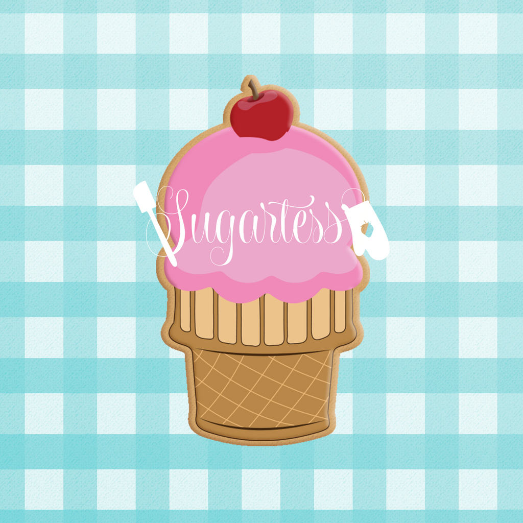 Sugartess custom cookie cutter in shape of simple chubby ice cream cone with cherry on top.