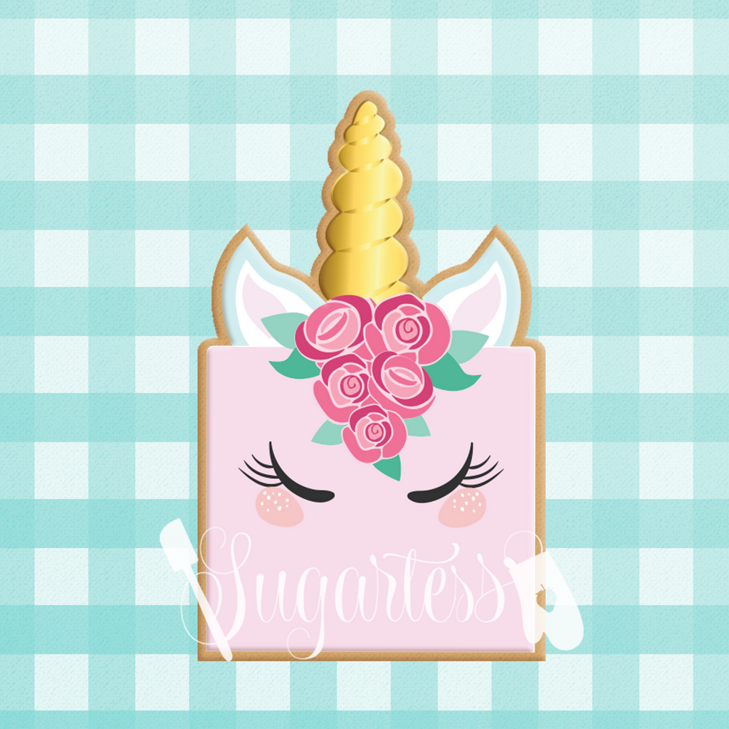 Sugartess custom cookie cutter in shape of simple floral unicorn cake.