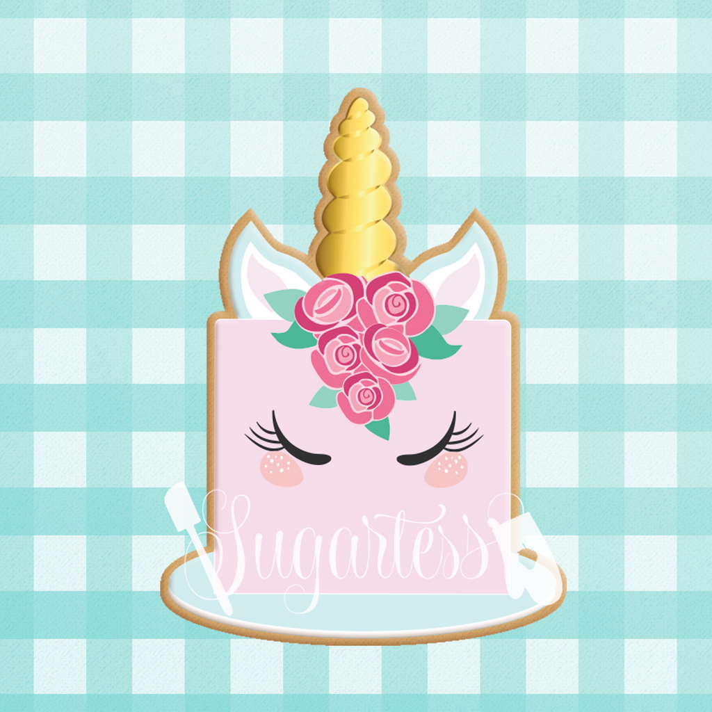 Sugartess custom cookie cutter in shape of floral unicorn cake with base board.