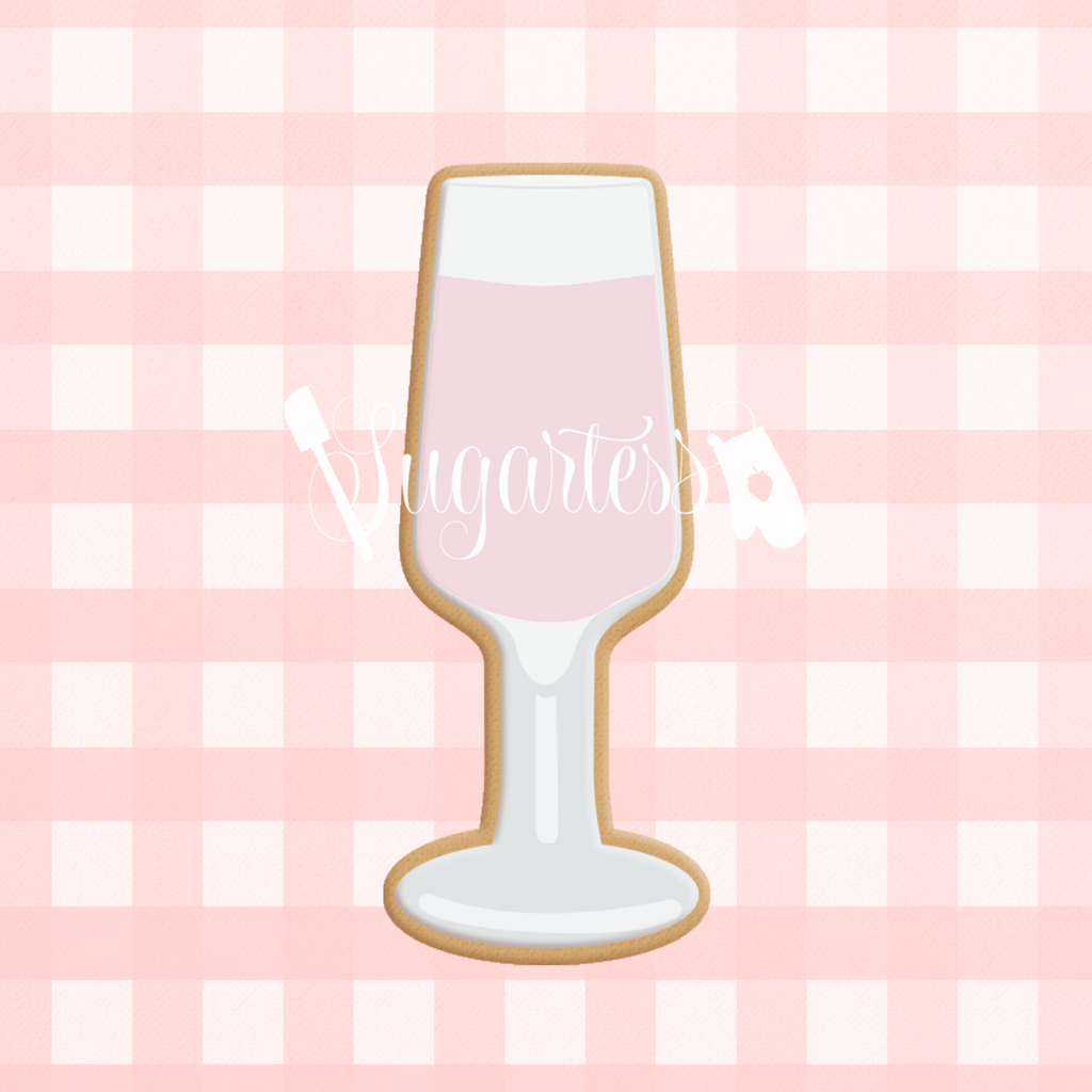 Sugartess custom cookie cutter in shape of champagne or wine flute glass.