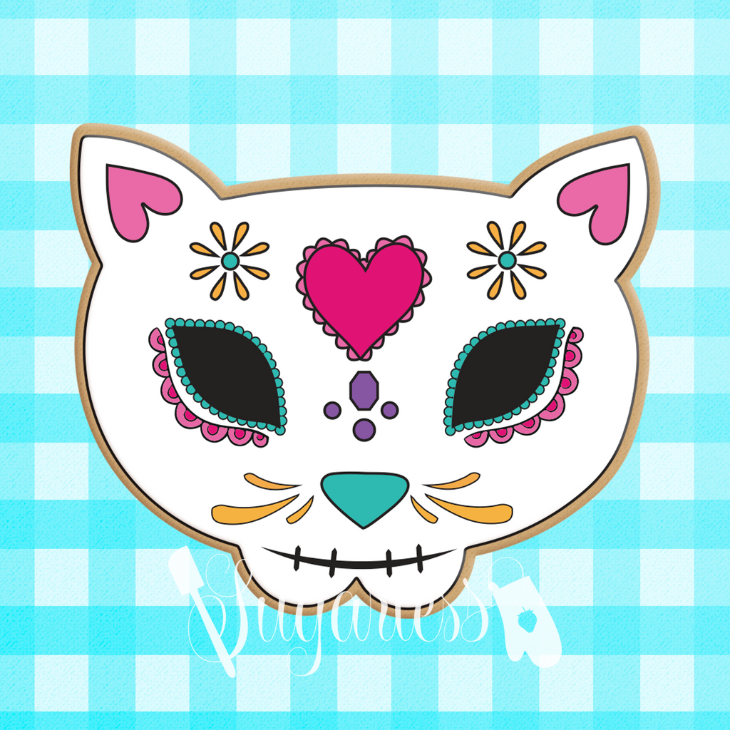 Sugartess custom cookie cutter in shape of Mexican cat skull.