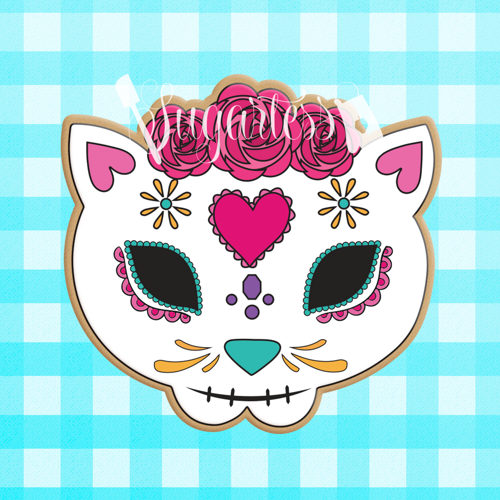 Sugartess custom cookie cutter in shape of a floral Mexican cat skull.