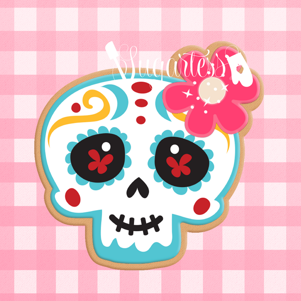 Sugartess custom cookie cutter in shape of floral mexican skull.