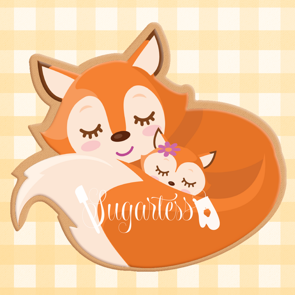 Sugartess cookie cutter in shape of   Woodland Sleeping Mama and Baby Fox #1. 3D printed from biodegradable  PLA plastic in different sizes ranging from 2 to 6 inches.
