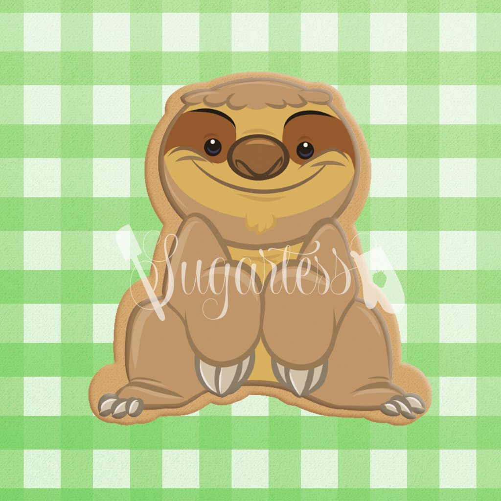 Sugartess custom cookie cutter in shape of cute cartoon sloth mammal.
