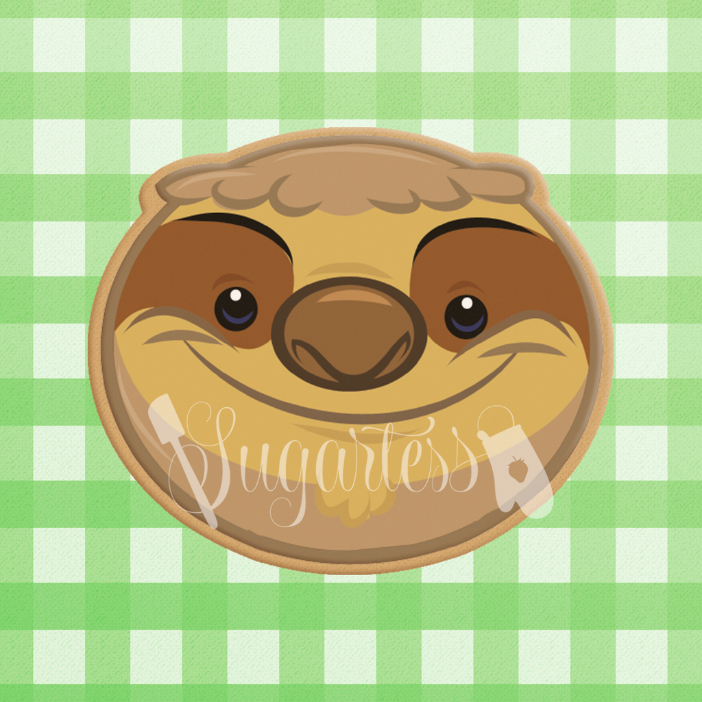 Sugartess custom cookie cutter in shape of cute cartoon sloth mammal head.