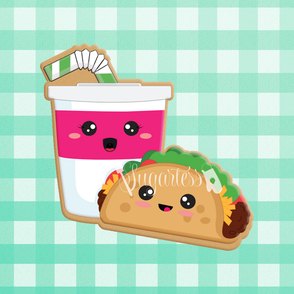 Sugartess custom cookie cutter in shape of kawaii taco and soda cup with straw perfect pair.