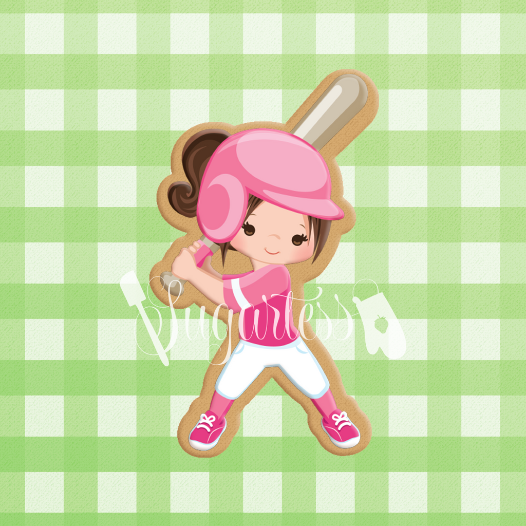 Sugartess custom cookie cutter in shape of girl softball batter player.