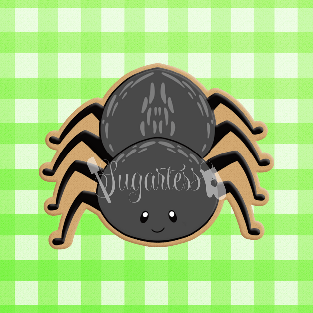 Sugartess custom cookie cutter in shape of a cartoon spider.