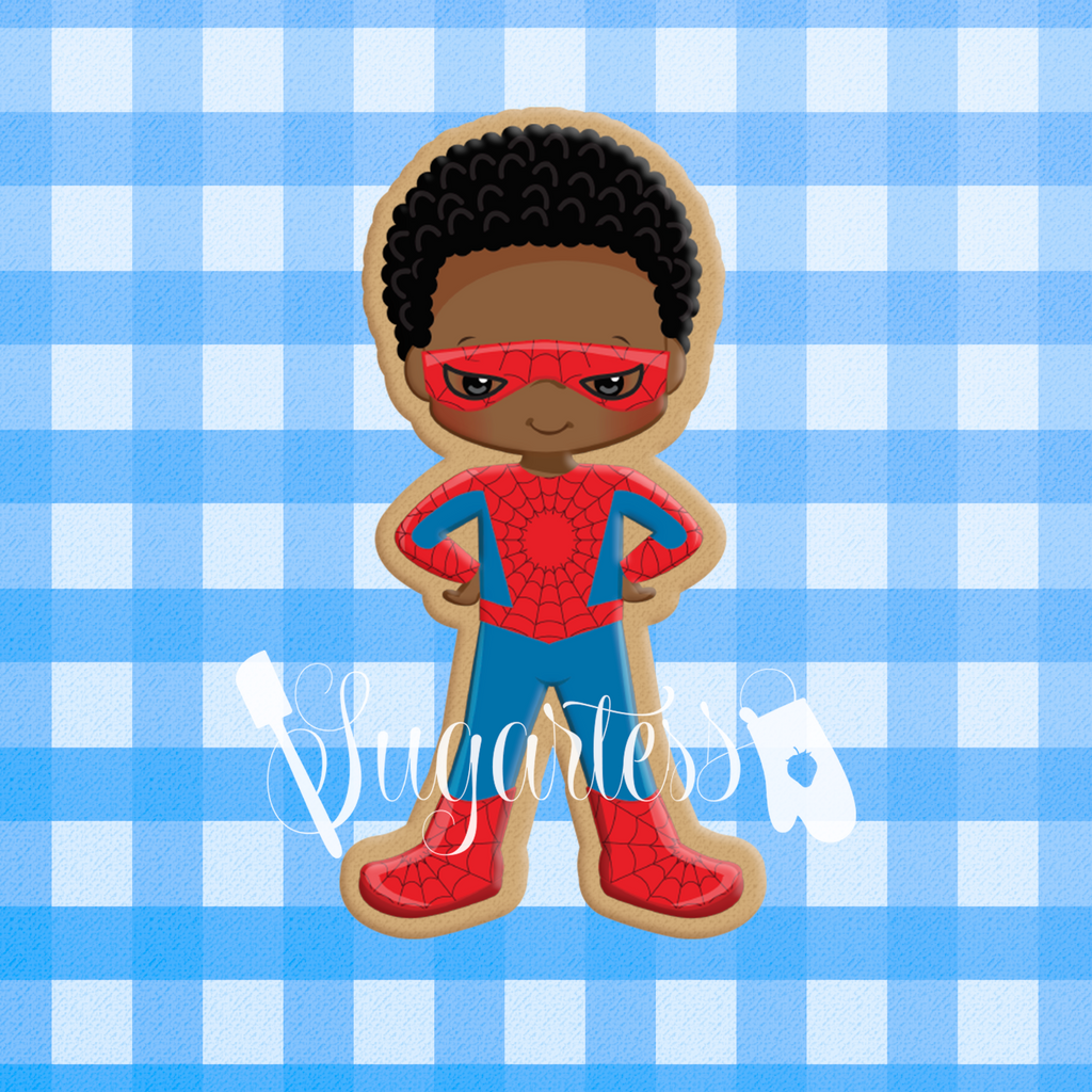 Sugartess custom cookie cutter in shape of African American Spider Boy superhero.