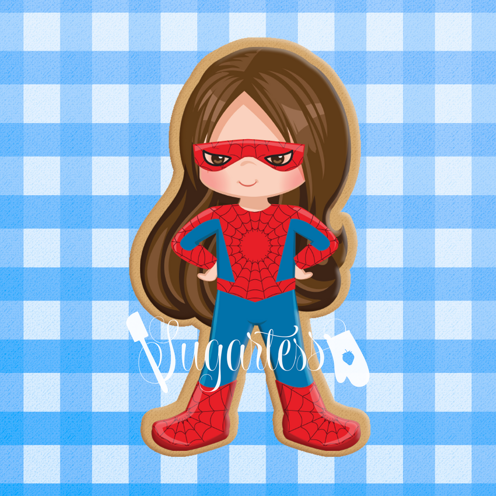 Sugartess custom cookie cutter in shape of Spider Girl super hero.