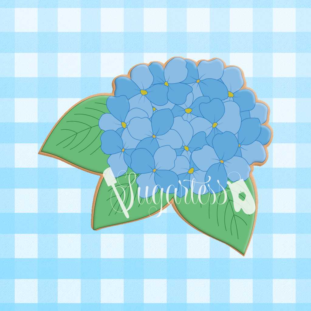 Sugartess custom cookie cutter in shape of hydrangea flower with 3 leaves.