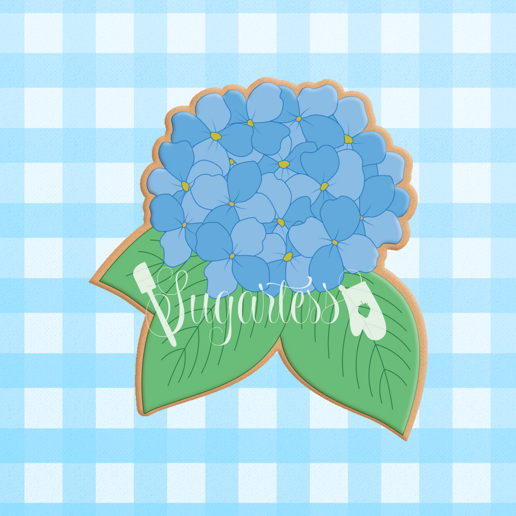 Sugartess custom cookie cutter in shape of hydrangea with 3 leaves.