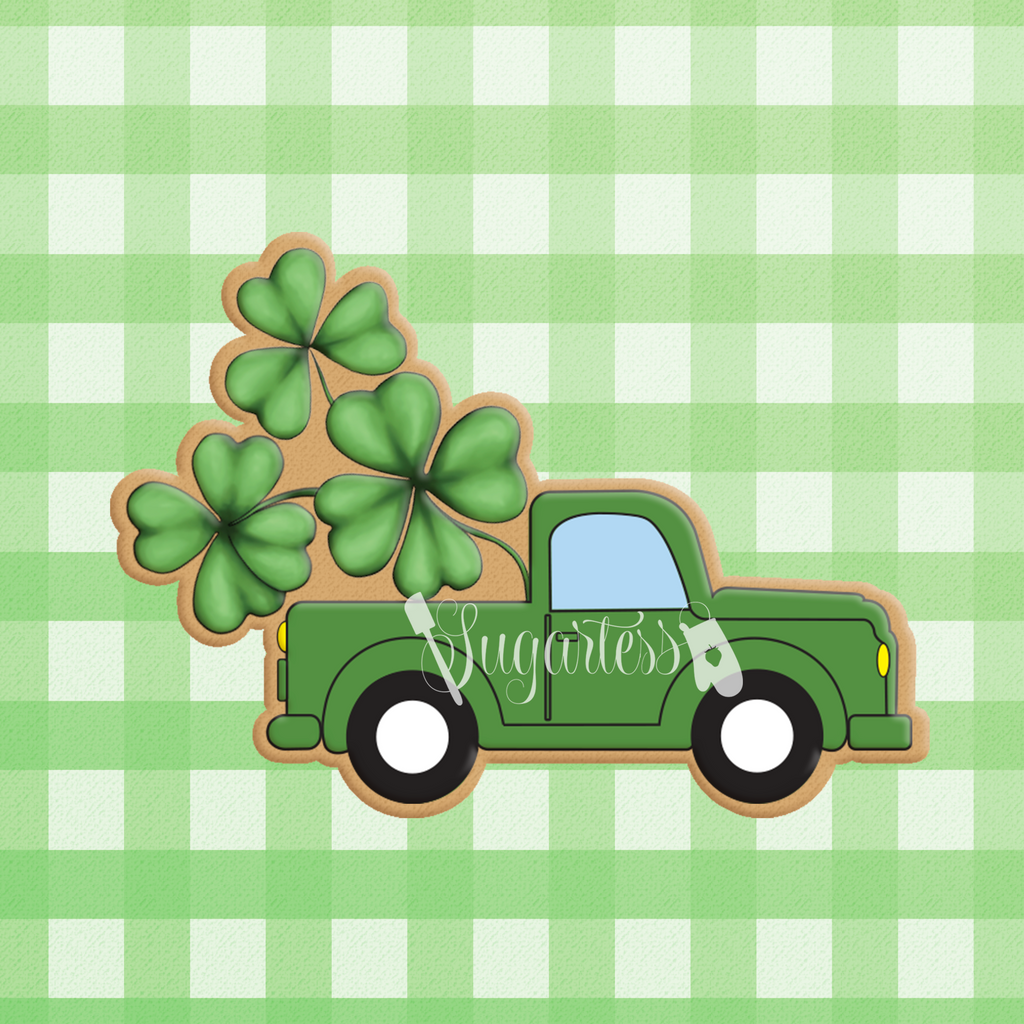 Sugartess custom cookie cutter in shape of classic pickup truck with transporting shamrocks.