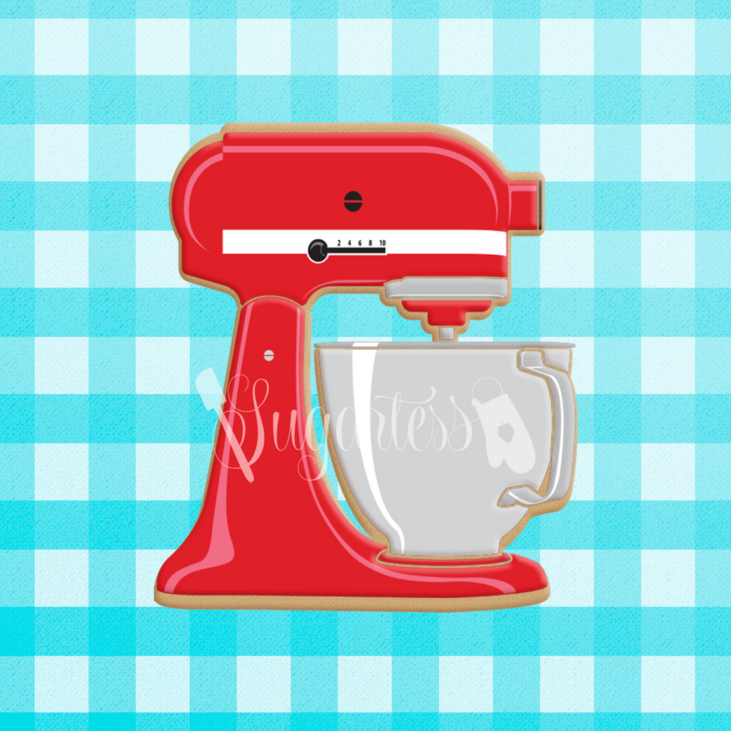 Sugartess custom cookie cutter in shape of a red kitchen stand mixer appliance.