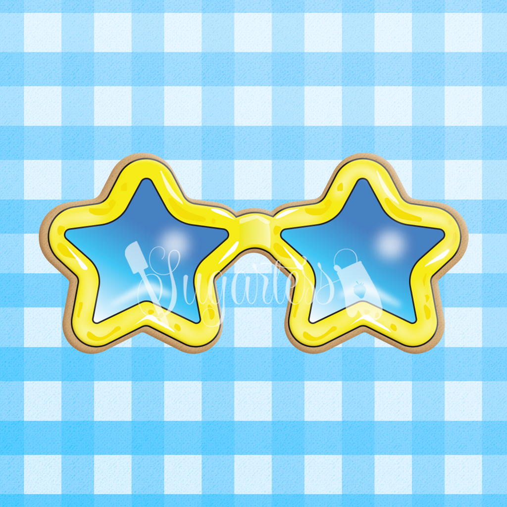 Sugartess custom cookie cutter in shape of a pair of star-shaped sunglasses.