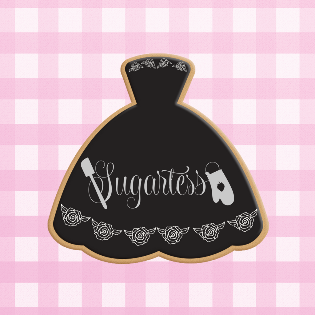 Sugartess custom cookie cutter in shape of little black strapless dress.