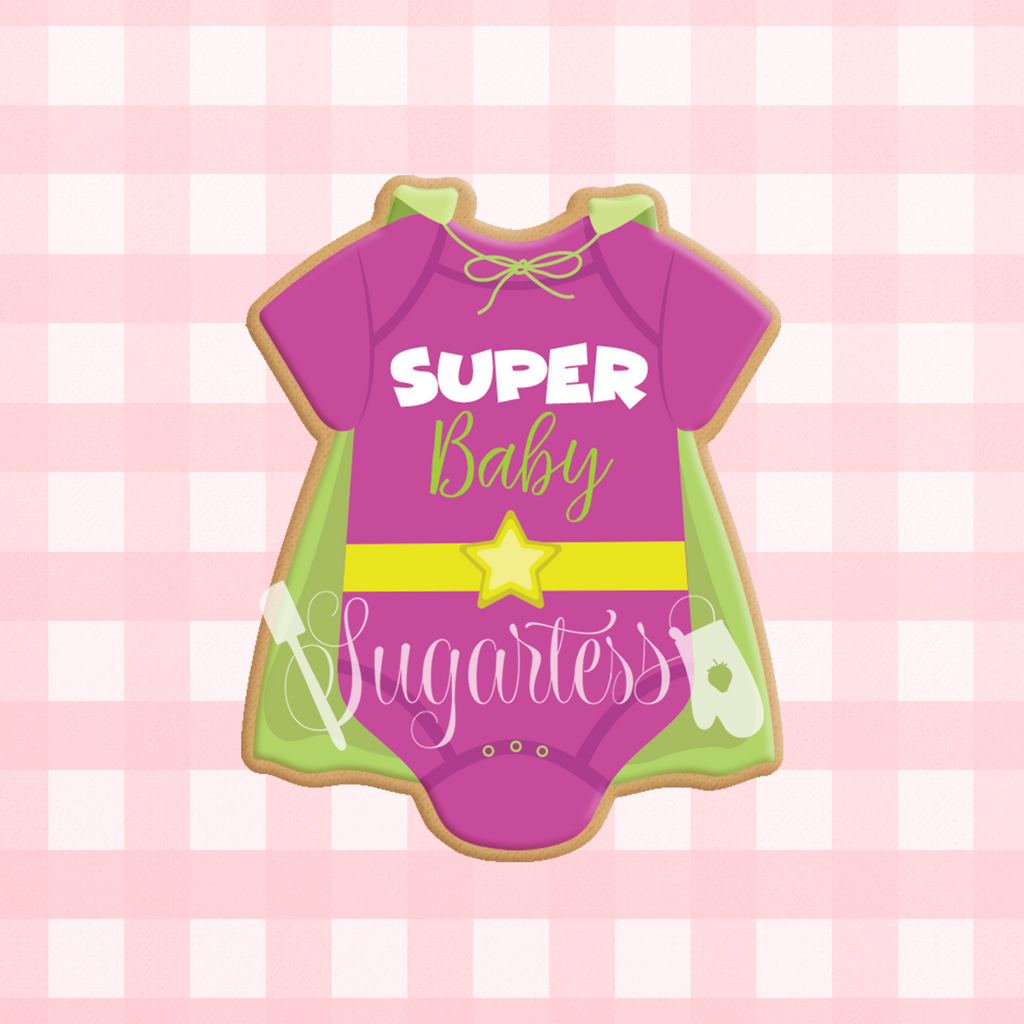 Sugartess custom cookie cutter in the shape of a super baby girl or boy onesie with cape.