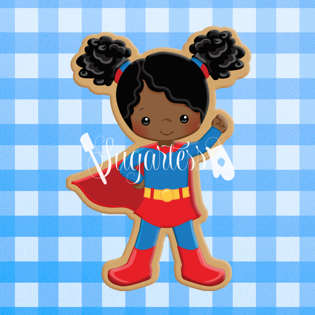 Sugartess custom cookie cutter in shape of African American Super Girl super hero.