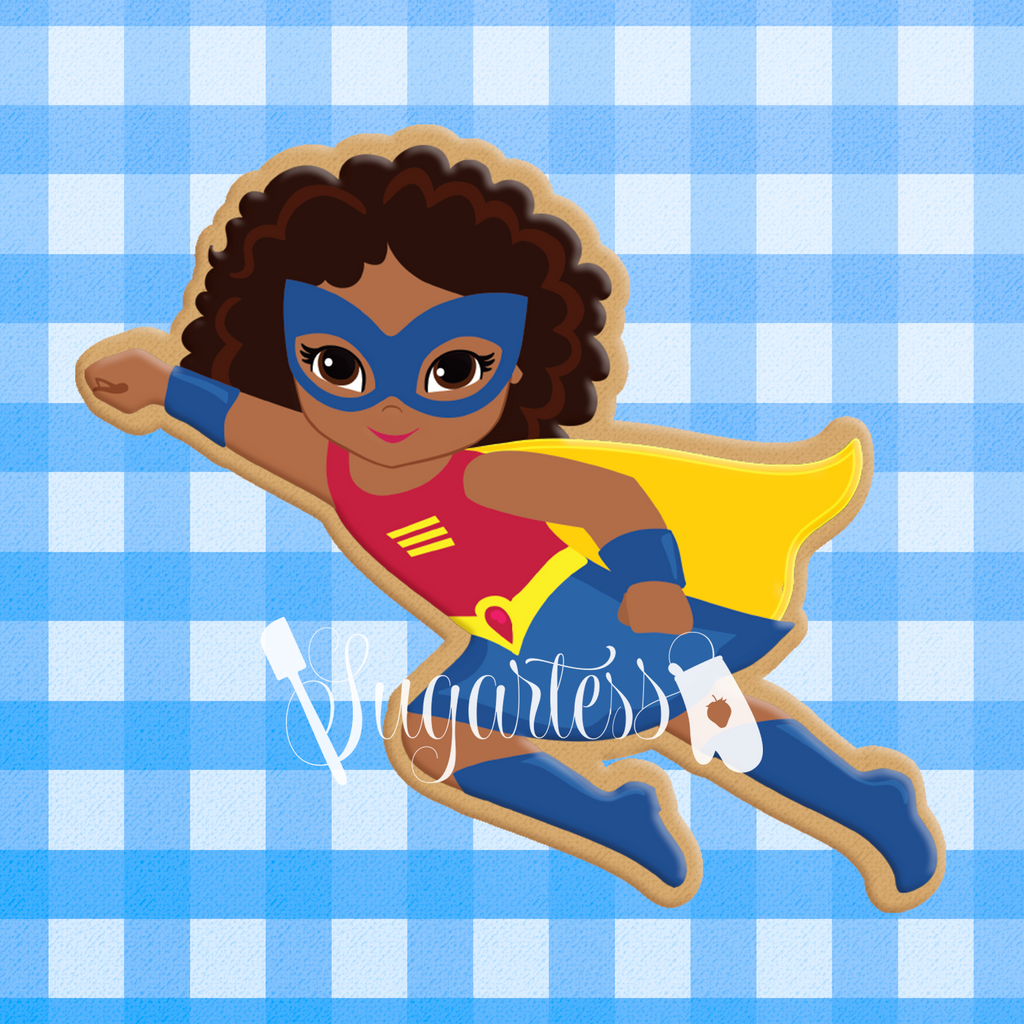 Sugartess Custom Cookie Cutter in shape of African American Super Hero Girl Flying Cookie Cutter or Multicultural Super Hero Girl