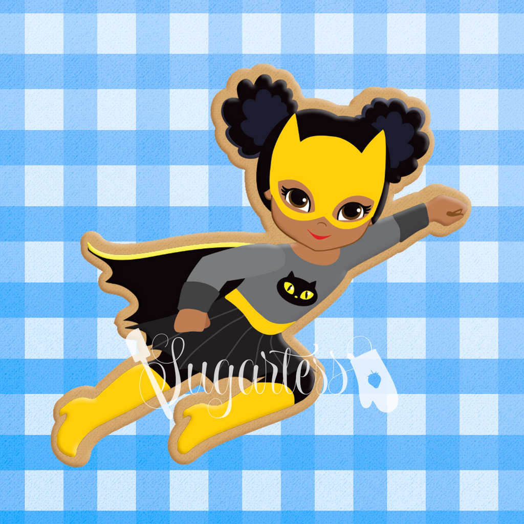 Sugartess Custom Cookie Cutter in shape of African American Super Girl Flying | Multicultural Super Hero Girl