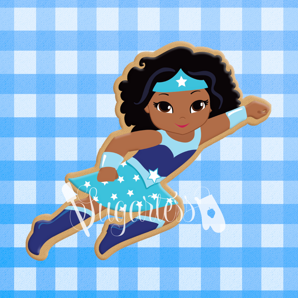 Sugartess Custom Cookie Cutter in shape of African American Super Girl Flying Cookie Cutter or Multicultural Super Hero Girl