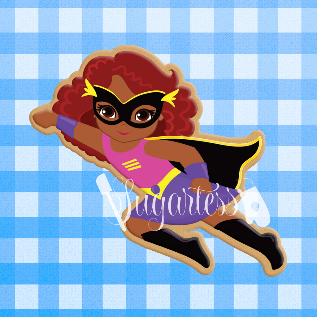 Sugartess Custom Cookie Cutter in shape of African American Super Girl Flying or Multicultural Super Hero Girl