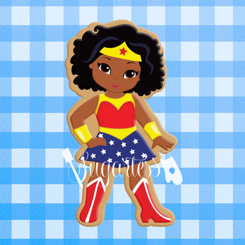 Sugartess custom cookie cutter in shape of African American or Multicultural Super Hero Girl.