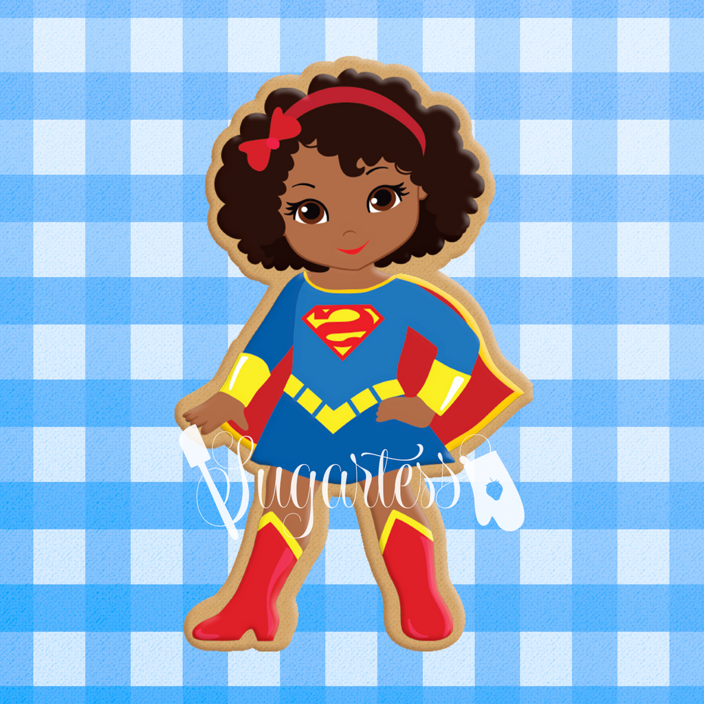 Sugartess Custom Cookie Cutter in shape of African American Super Girl with Cape or Multicultural Super Hero Girl with Cape