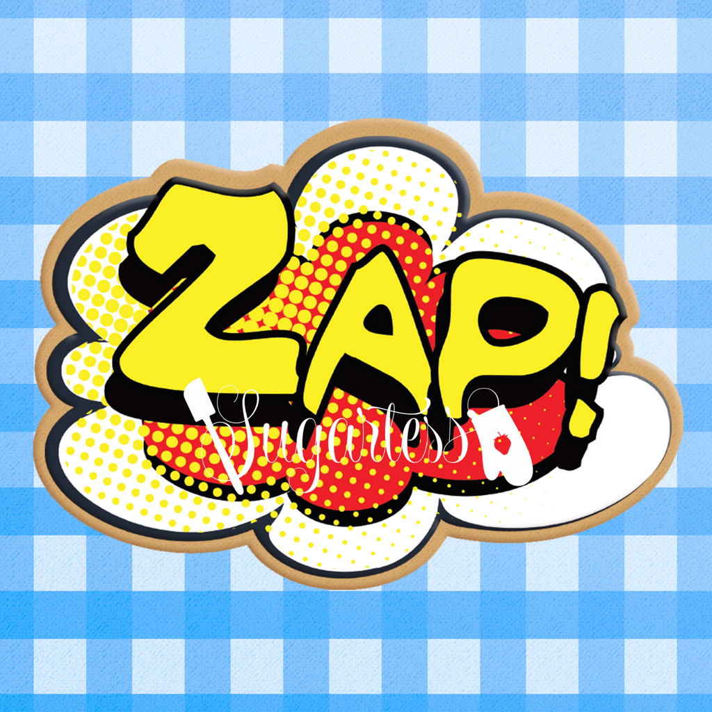 Sugartess custom cookie cutter in shape of super hero word Zap! plaque.