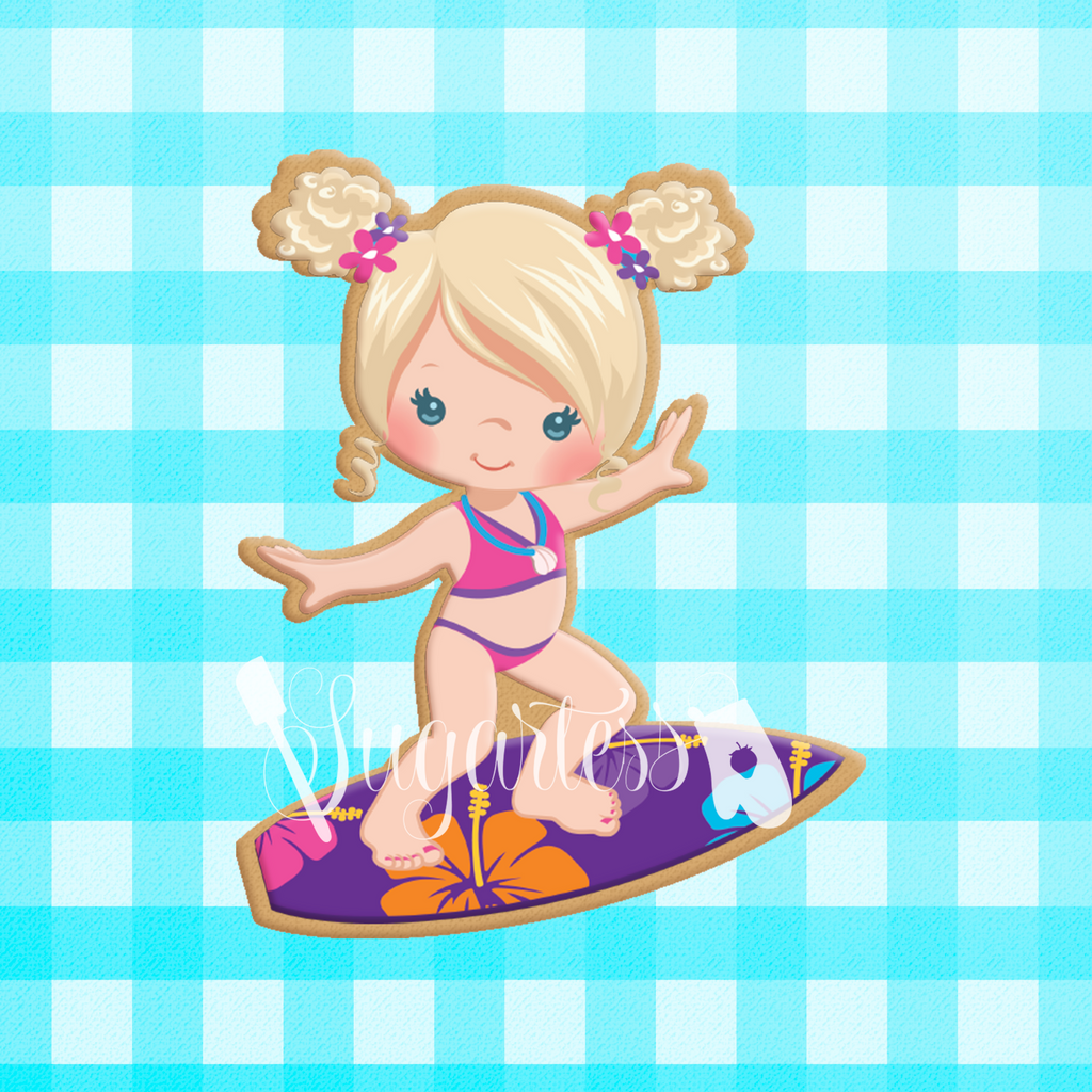 Sugartess custom cookie cutter in shape of girl surfing.