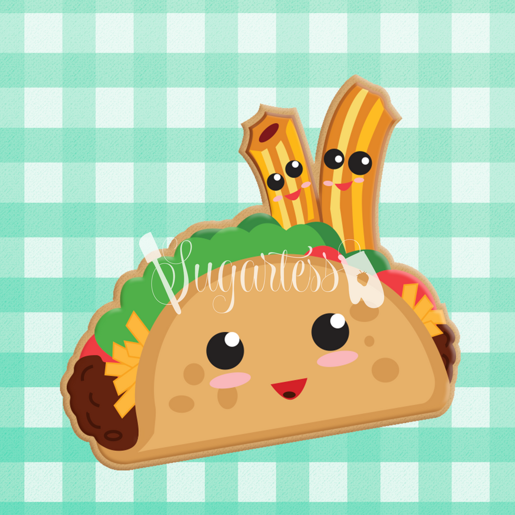 Sugartess custom cookie cutter in shape of kawaii taco and churros perfect pair.