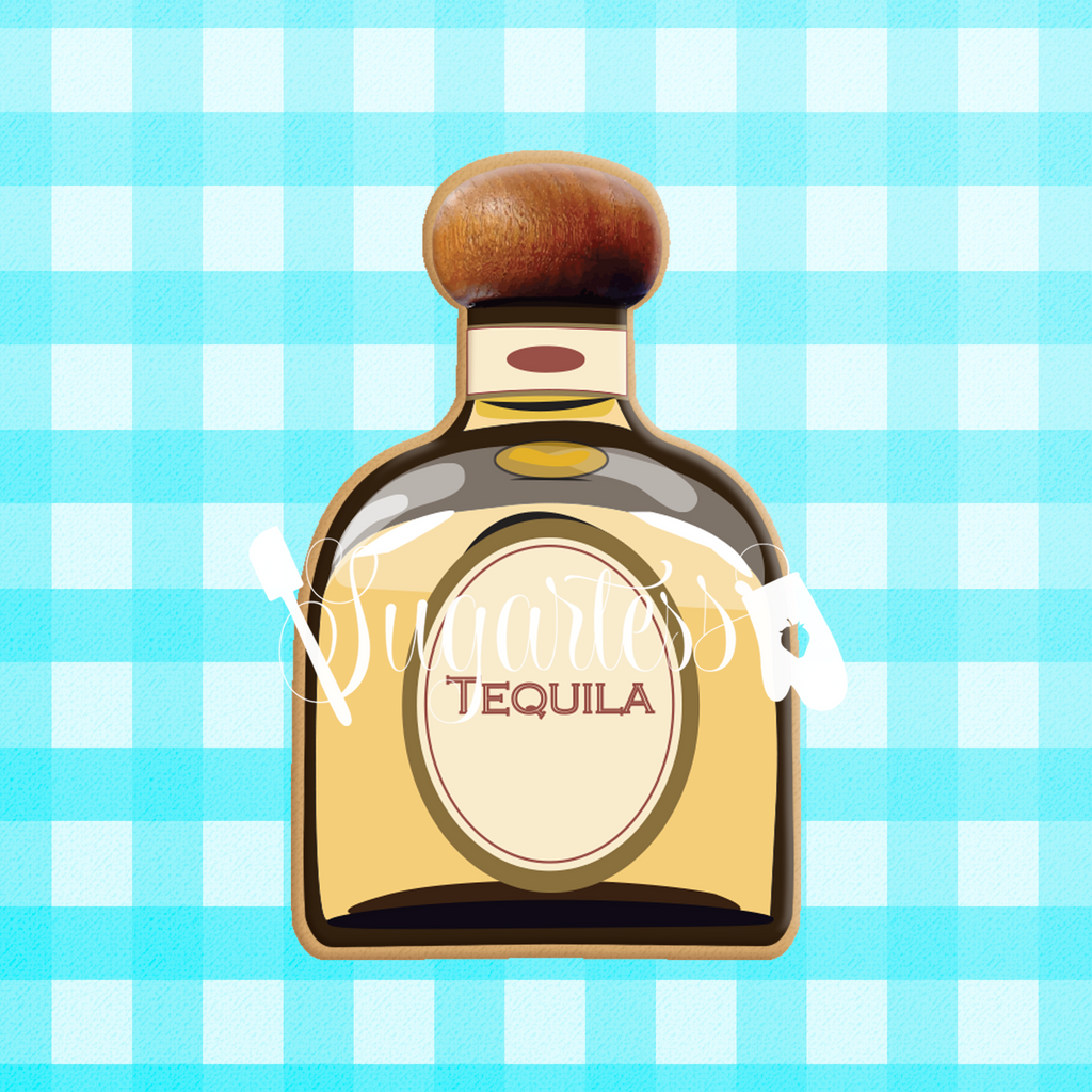 Sugartess custom cookie cutter in shape of tequila or liquor bottle.