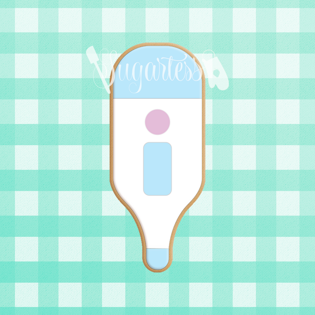 Sugartess custom cookie cutter in shape of chubby digital thermometer.