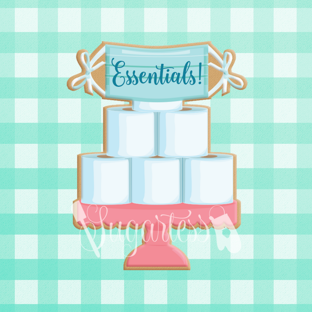 Sugartess custom cookie cutter in shape of Toilet Paper 3-tier Cake on Stand with Face Mask Banner.