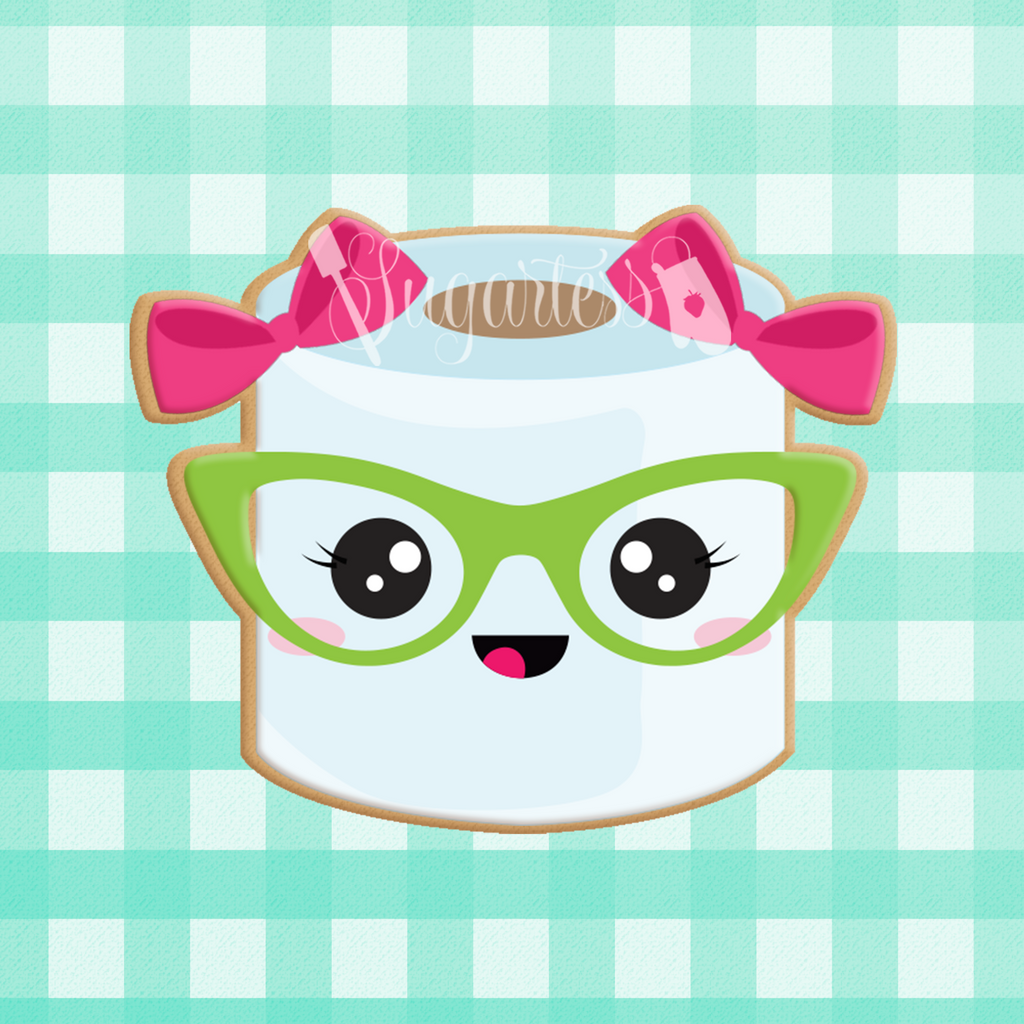 Sugartess custom cookie cutter in shape of Kawaii Girl Toilet Paper Roll with Glasses