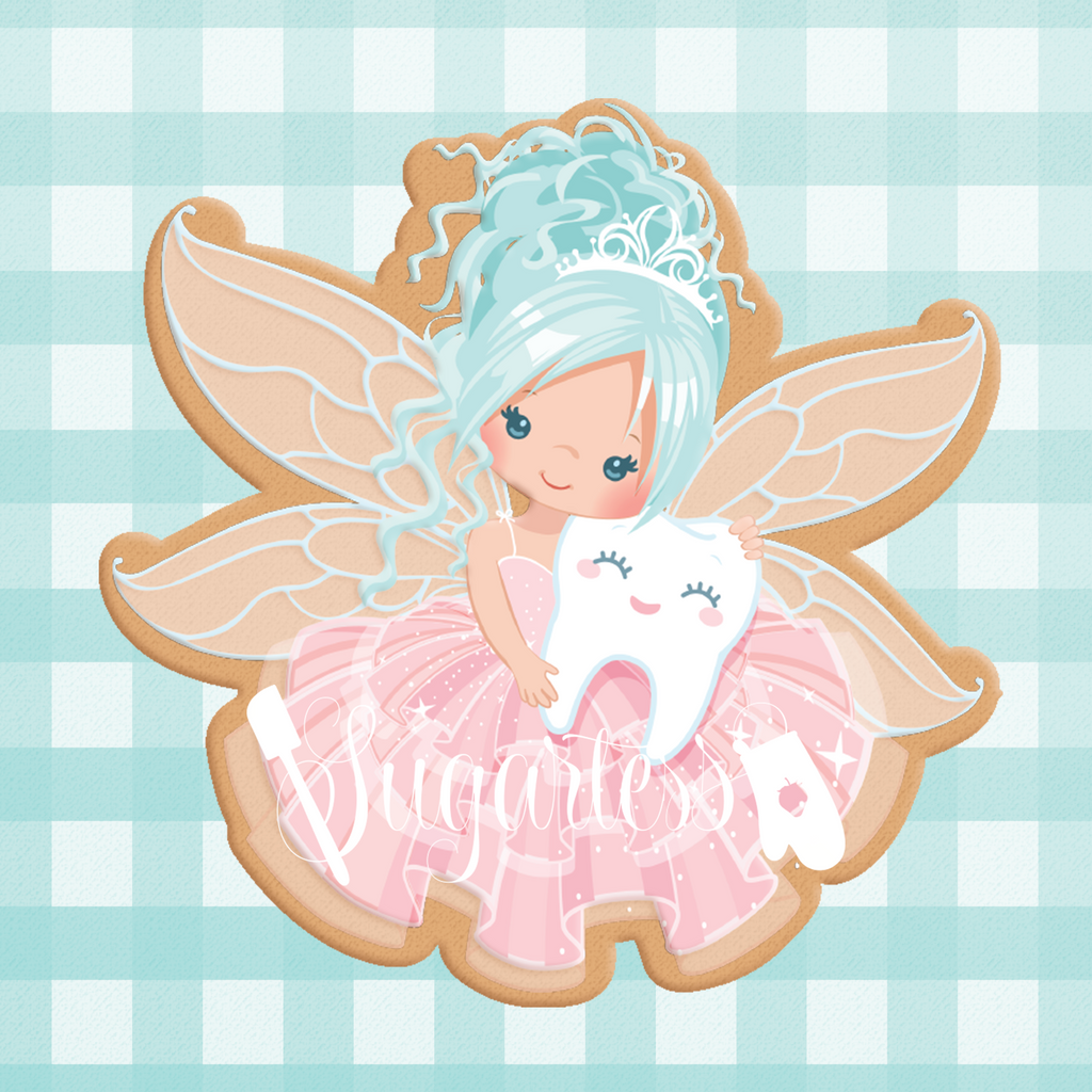 Sugartess custom cookie cutter in shape of tooth fairy holding tooth.
