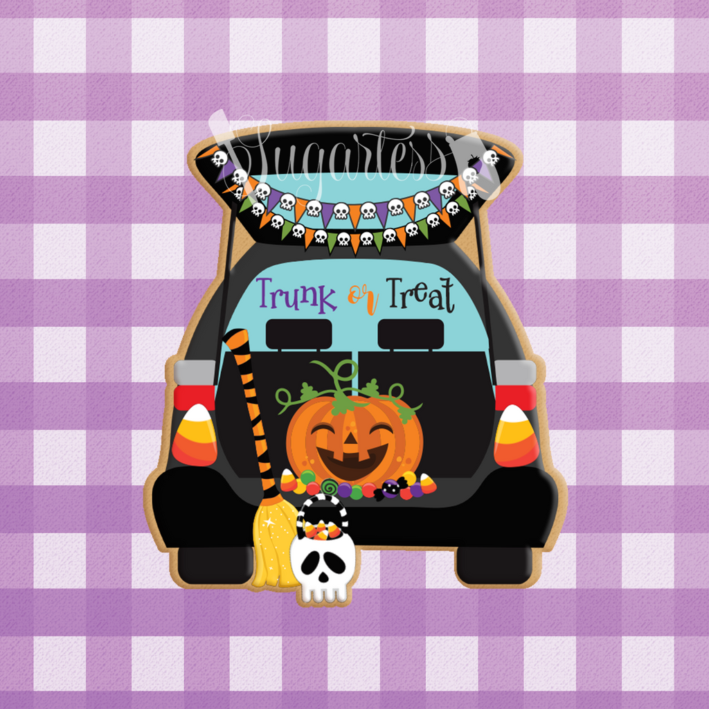 Sugartess custom cookie cutter in shape of a van's opened trunk filled with goodies for Halloween trunk-or-treat.