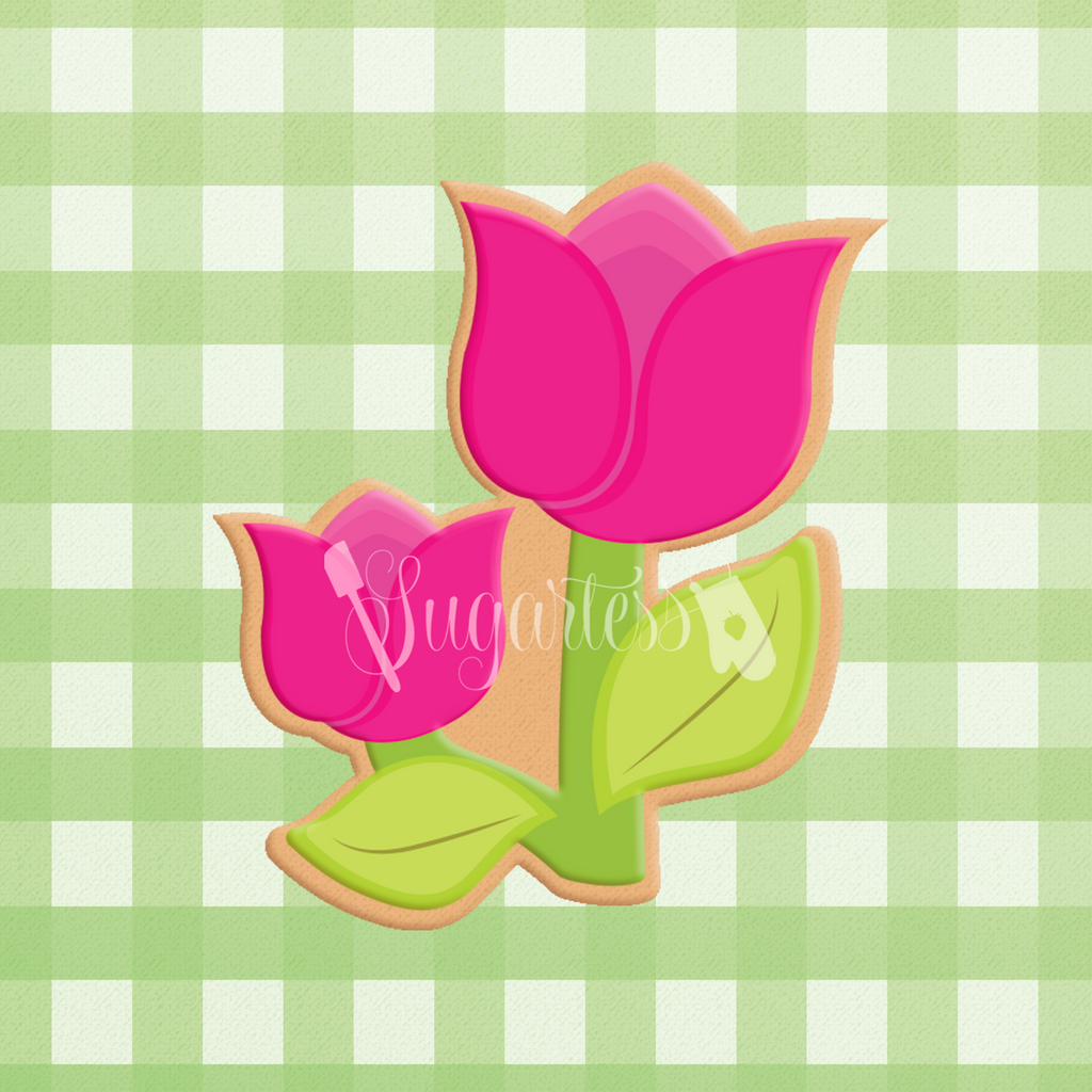 Sugartess custom cookie cutter in shape of two chubby cartoon tulip flowers with leaves.