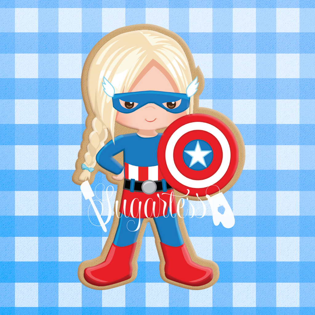 Sugartess custom cookie cutter in shape of America Girl super hero.