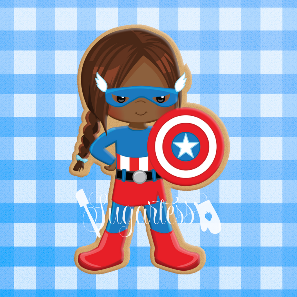 Sugartess custom cookie cutter in shape of African-american America Girl super hero.