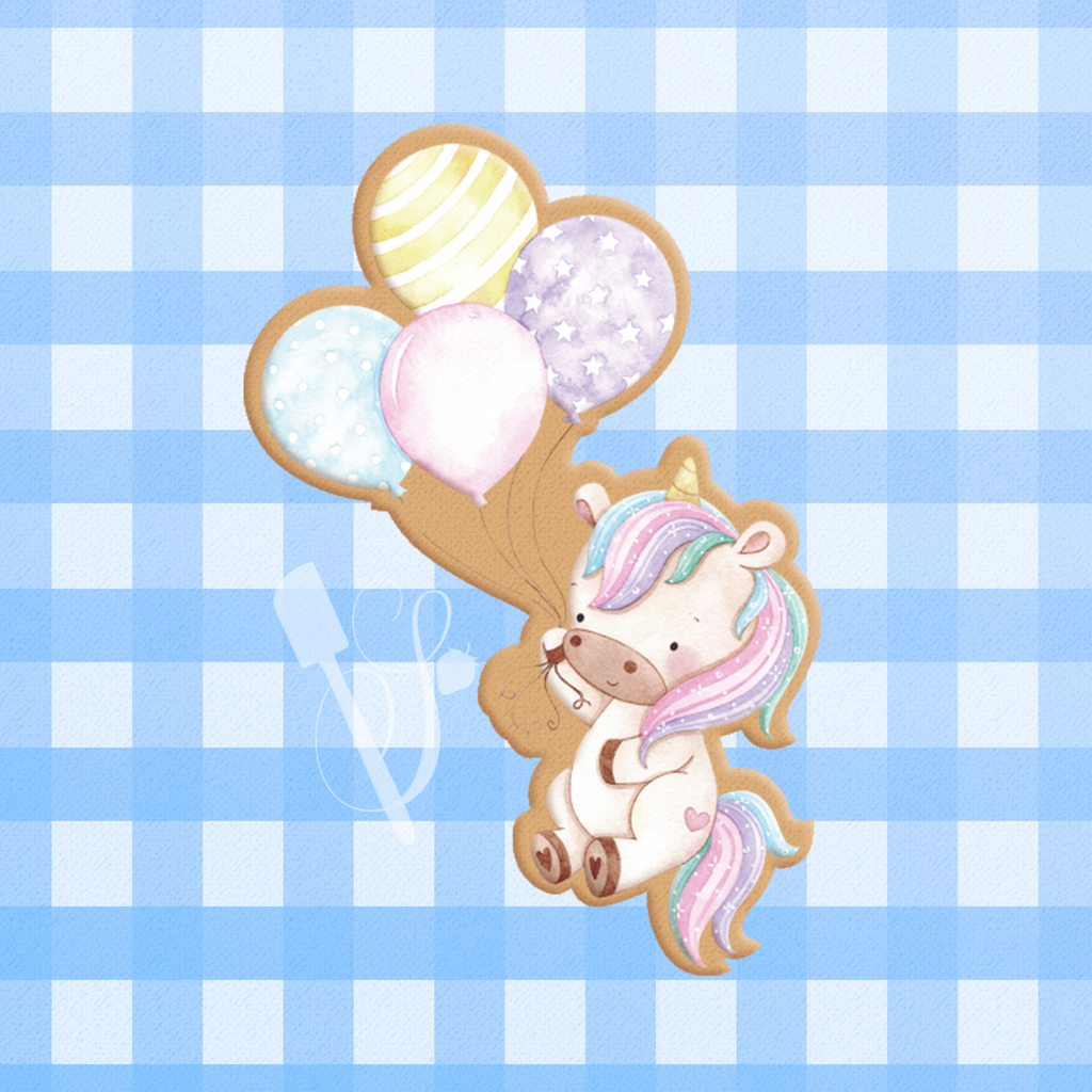 Sugartess custom cookie cutter in shape of unicorn holding a balloon bunch.