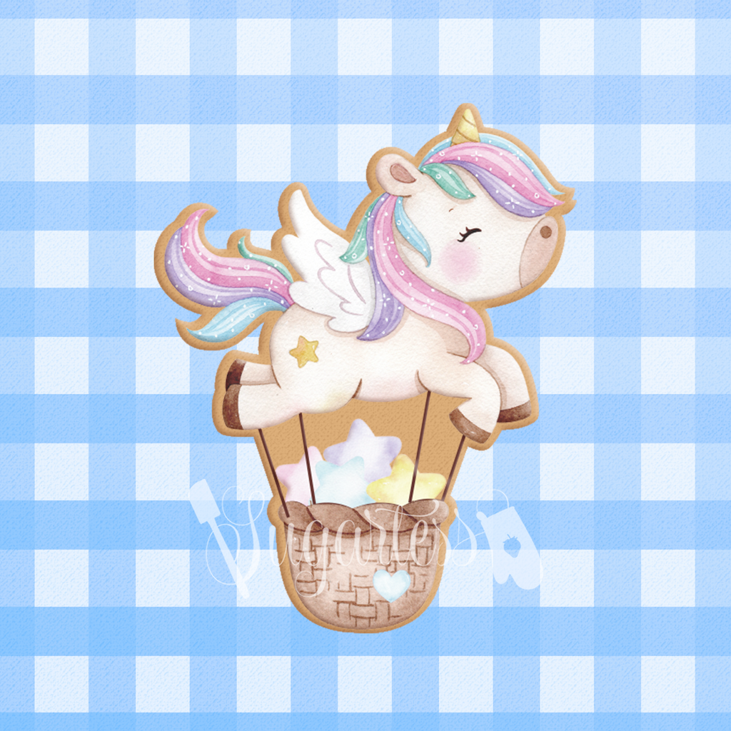 Sugartess custom cookie cutter in shape of unicorn-shaped hot air balloon with basket carrying stars,