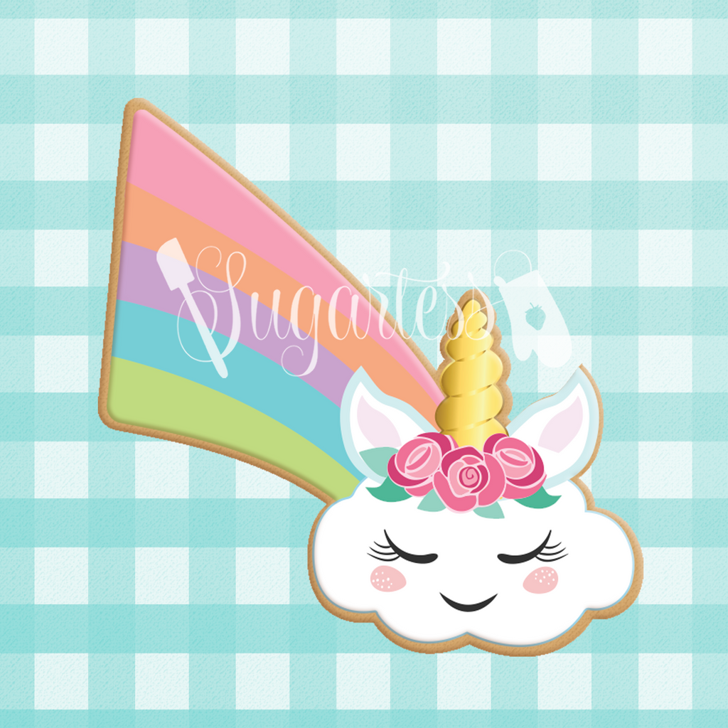 Sugartess custom cookie cutter in shape of unicorn rainbow cloud.