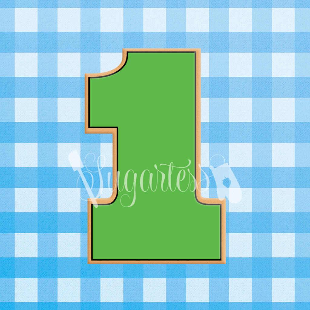 Sugartess custom cookie cutter in shape of a green serif block or bold number one.