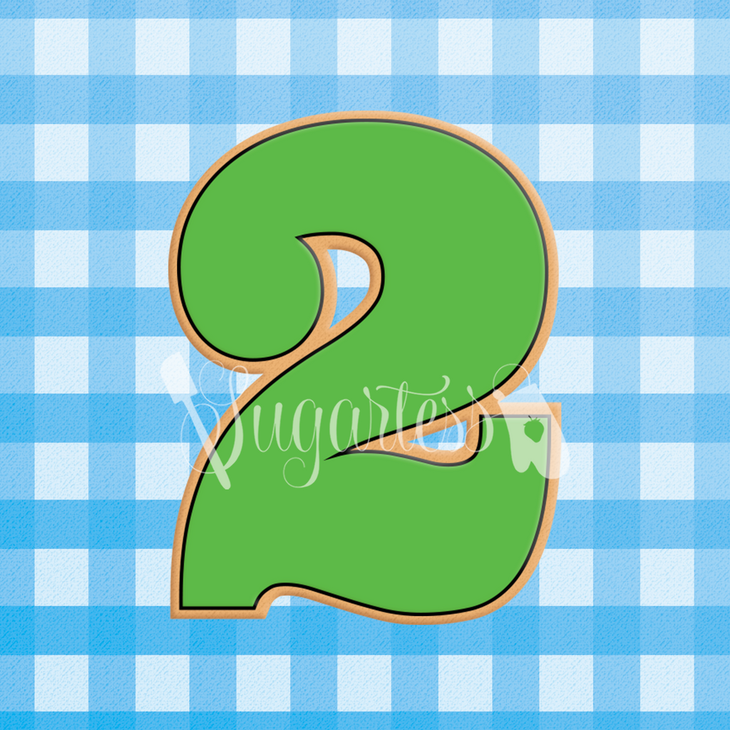 Sugartess custom cookie cutter in shape of a green serif block or bold number two.
